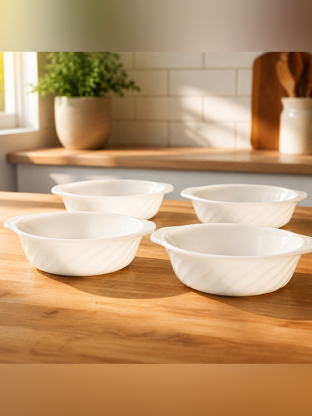 Set of 4 Swirl White Fire King Oven Ware Individual Casseroles Anchor Hocking